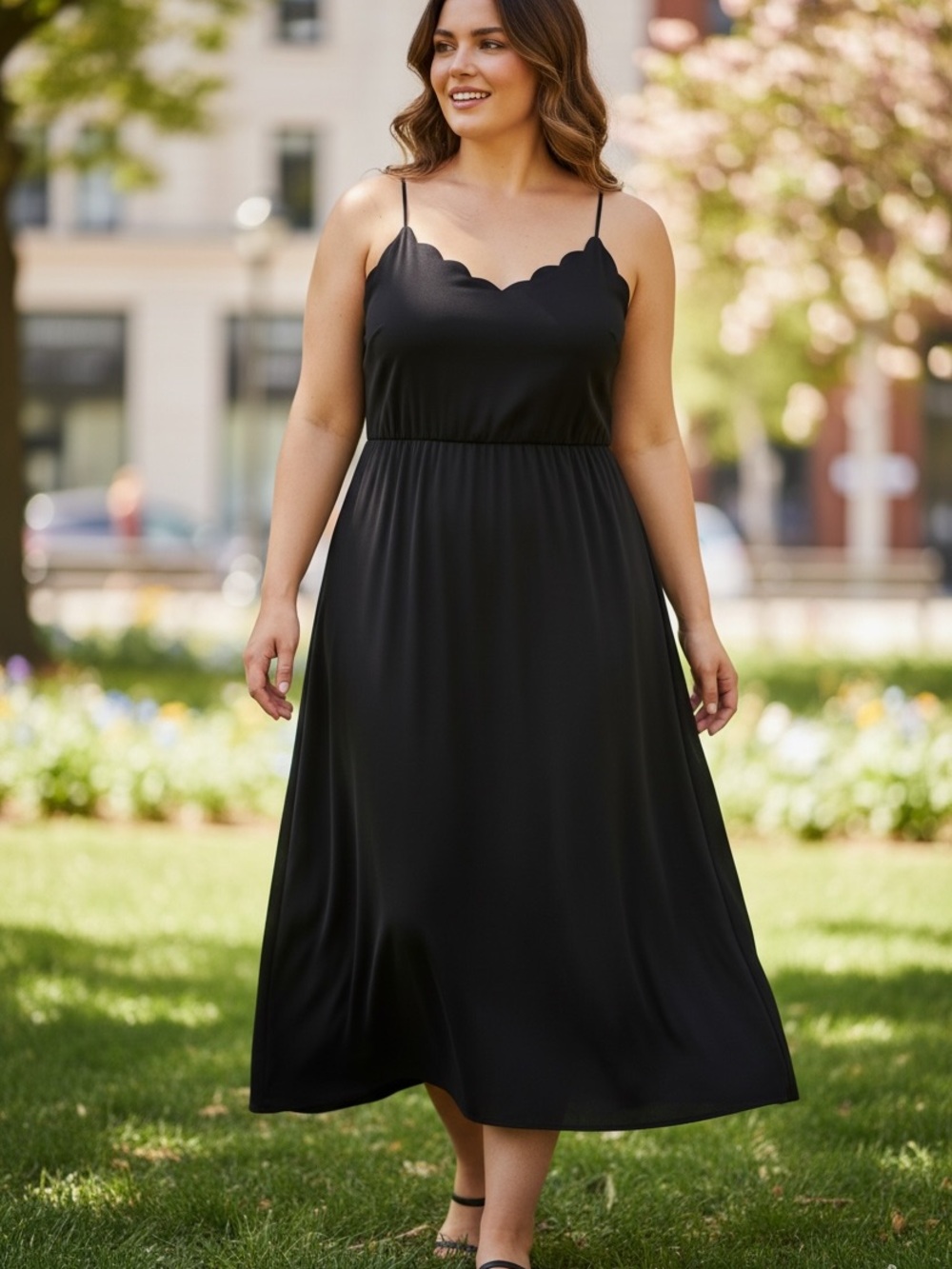 NWT H&M Black Scalloped Neck Midi Dress XL Spaghetti Strap A-Line Slip Dress